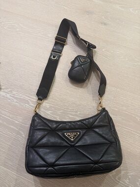 Prada Black Quilted Leather Shoulder Bag with Detachable Strap Pouch